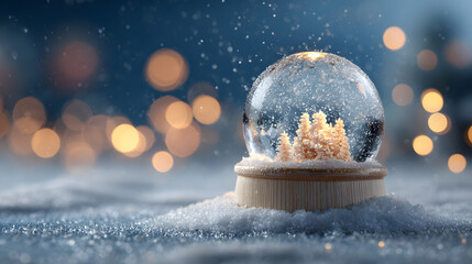 Minimalist snow globe with frosted pine trees in sparkling winter setting