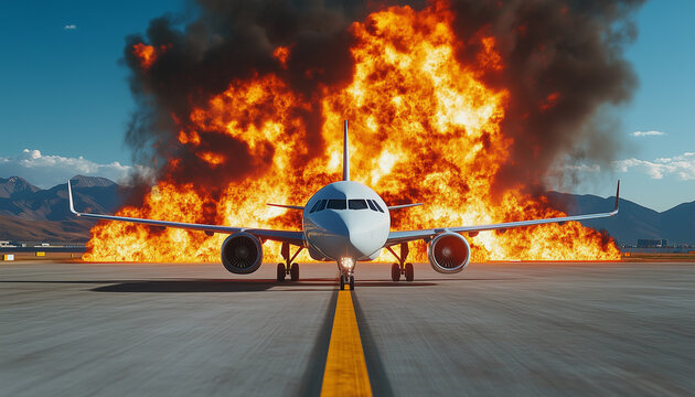 Passenger plane on fire after an accident on runway. Large flames and smoke erupt from the burning aircraft. Air disaster crash concept. Plane on fire near airport