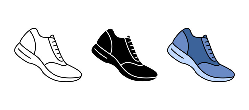 Shoe icon set showing athletic footwear in outline, black silhouette, and colored styles. Sport and casual wear symbol. Vector illustration