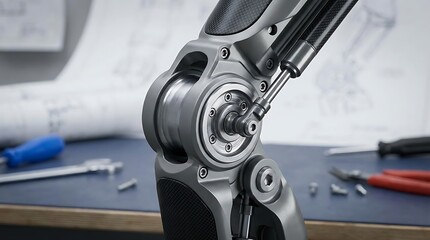A close-up captures the advanced engineering of a bionic leg with intricate detail, displaying a blend of technology and human-centric design. This image evokes feelings of innovation and progress.