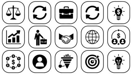 Collection of business and finance icons including symbols for money, growth, and strategy on white background for marketing and design use