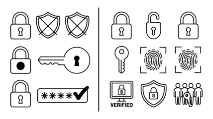 Set of security icons including locks, shields, keys, fingerprints, and verified symbols for protection and safety concepts