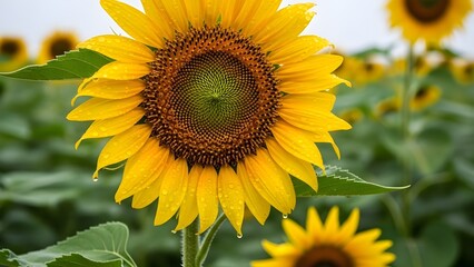 Fototapeta premium Vibrant sunflower glistening with morning dewdrops in a beautiful sun-kissed field