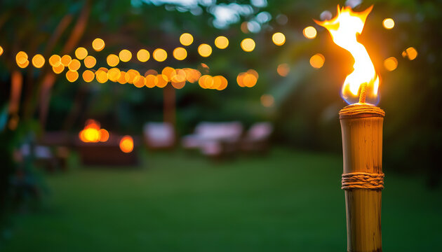 Bamboo torches glow in outdoor dining area at dusk. String lights overhead illuminate tables set for a gathering. Peaceful ambiance for garden party or luau. Evening outdoor event