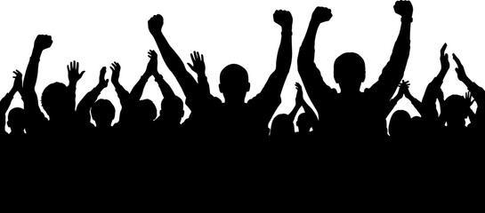 Silhouette of a cheering crowd with raised fists and hands celebrating success and victory baseball