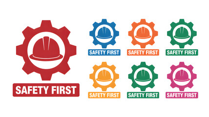Safety first icons with colored hard hats and gear shapes on white background for industrial or construction use