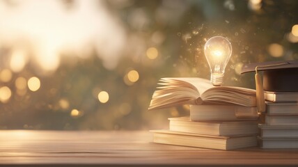 Books, glowing light bulb, graduation cap a wooden table, symbolizing education, new ideas and learning, knowledge,