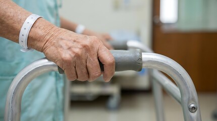An elderly person with wrinkled hands uses a walking aid indoors, highlighting the care in a retirement home and the importance of elder healthcare. 