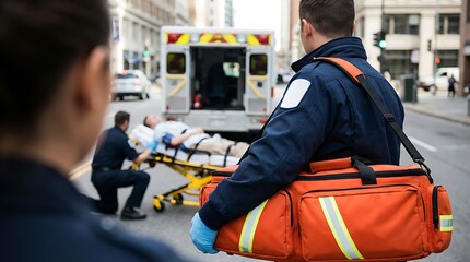 An emergency medical team swiftly transports an injured patient on a stretcher to an awaiting ambulance. conveying a sense of urgency and professionalism.