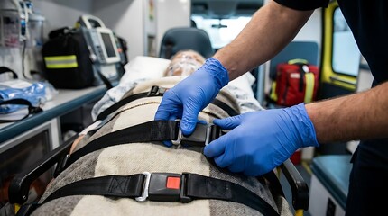 An emergency medical technician provides crucial care within an ambulance, securing a patient for transport, showcasing healthcare and saving life.