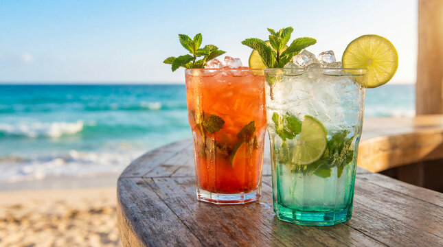 Two refreshing summer cocktails, one classic Mojito and one red variant, sit on a beach bar counter overlooking the turquoise ocean at sunset.