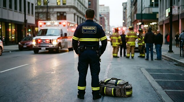 A Paramedic stands resolute, overseeing a bustling emergency scene, embodying dedication and composure in a city street.