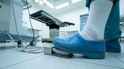 A surgical setting with a close-up on a person's foot, stepping on a surgical equipment pedal, showing surgical procedure operations.