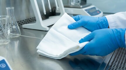Close-up of gloved hands neatly folding clean lab cloths in a sterile laboratory environment.