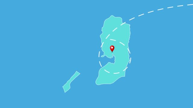 Palestine,  Ramallah Map with Location Pin and Airplane Travel Route Animation