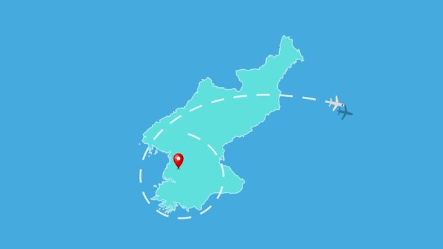 North Korea,  Pyongyang Map with Location Pin and Airplane Travel Route Animation