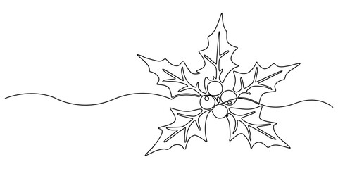 One continuous line drawing of Christmas holly. Festive greeting card and banner with mistletoe design in simple linear style. Editable stroke. Doodle outline vector illustration