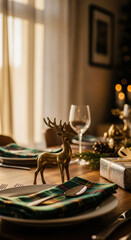 Festive Christmas Dinner Table Setting with Golden Deer Statue, Wine Glasses, and Gift Boxes, Reflecting Holiday Spirit