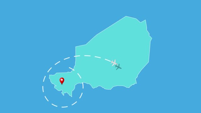 Niger,  Niamey Map with Location Pin and Airplane Travel Route Animation