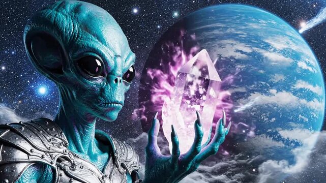 Mysterious blue alien being, adorned in futuristic armor, delicately cradling a pulsating violet crystal in an expansive cosmic realm with a distant planet