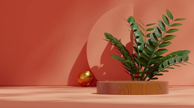 empty space brown wood podium of with seamless shadow animation looping dark orange wall and green zamia plant, 3d video render