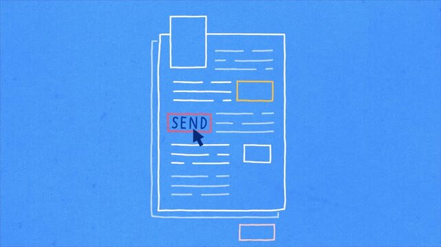 2D animated digital document sending concept with online form and send button representing paperwork automation, online submission and digital workflow