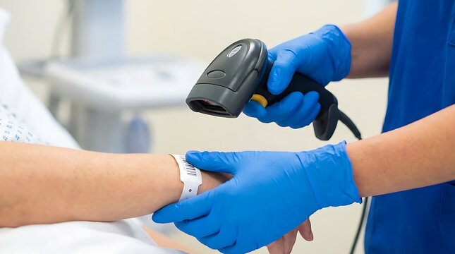 In a sterile hospital setting, a medical professional wearing protective gloves scans a patient's wristband using a barcode scanner.
