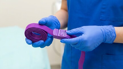 A medical professional's gloved hands holding a rolled tourniquet in a close-up shot, emphasizing the medical procedure.