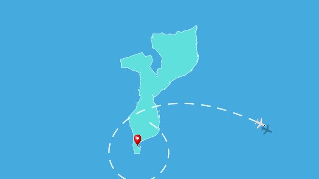 Mozambique,  Maputo Map with Location Pin and Airplane Travel Route Animation