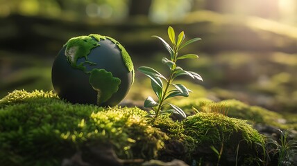 Green plant growing beside earth globe on moss symbolizing environmental sustainability
