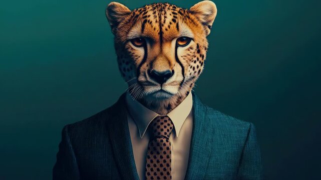A creative depiction of a leopard's head on a professional body, blending wild and corporate themes.