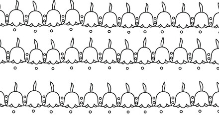 A simple and clean seamless border pattern of repeating, stylized bellflowers in a black and white outline doodle style.
