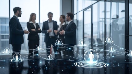 Business professionals networking in a modern office with a digital connection interface and futuristic graphics in the foreground.