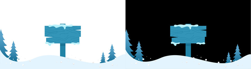 PNG image of Winter landscape featuring two wooden snowcovered signs amidst blue pine trees and white snowy ground illustration on transparent background