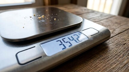 A detailed shot of a digital scale displaying a precise measurement, set against a wooden surface, highlighting accuracy and precision.