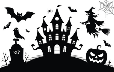Halloween Scene Silhouette with Haunted House and Witch. Spooky Halloween Vector Illustration with Classic Icons.