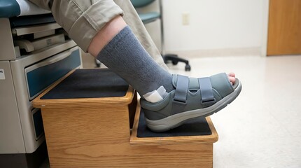 Patient with foot injury, wearing supportive walking boot, and carefully stepping onto wooden step, highlighting medical treatment.