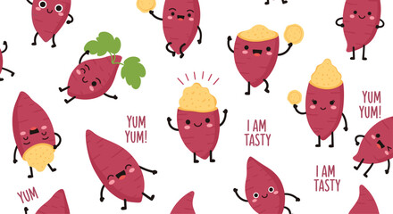 Fun and adorable seamless pattern features cute kawaii sweet potato characters with expressive happy faces and playful phrases.