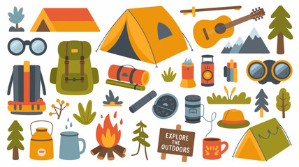 Camping and outdoor adventure icons and equipment for travel and exploration