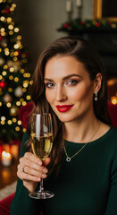 Elegant woman with red lips holding champagne in a festive decorated living room, conveying holiday cheer and luxury.