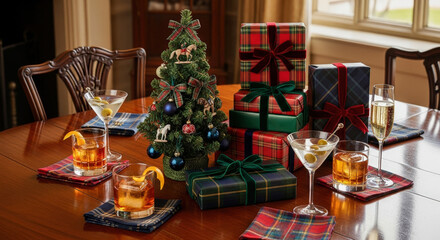 Festive Christmas scene with gifts, miniature tree, cocktails, and elegant presentation on a wooden table.