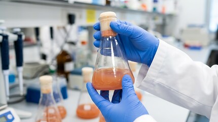 Fototapeta premium In a sterile laboratory environment, a scientist meticulously handles a conical flask containing a vibrant, translucent liquid.