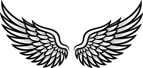 Stylized Black and White Angel Wings Vector. Symmetrical Feather Wings Tattoo Style Illustration.