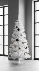 Elegant white Christmas tree with black and gold ornaments displayed in a modern, monochromatic living room interior