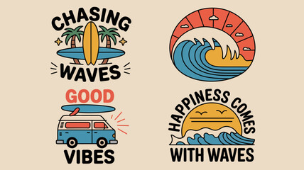 Naklejka premium Surfing and Beach Life Inspirational Quotes and Illustrations