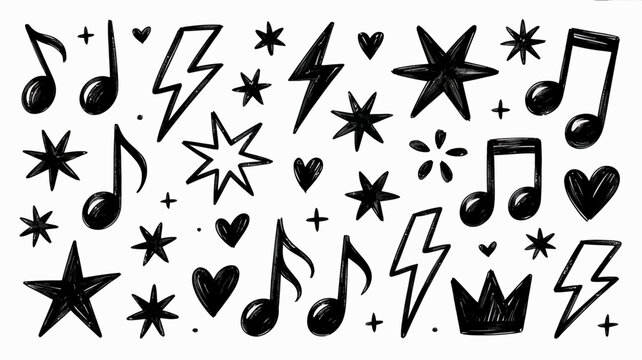 Hand-drawn black doodles of music notes, stars, hearts, and lightning bolts on white background.