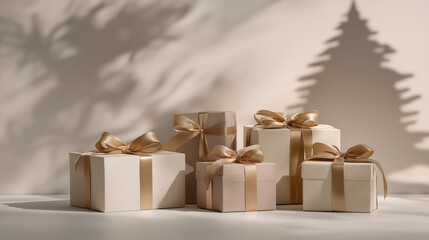 Elegant Gift Boxes with Golden Ribbons and Festive Shadows