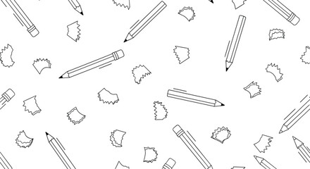 Seamless black and white pattern for school or art themes, featuring scattered hand-drawn pencils and messy pencil shavings doodles.