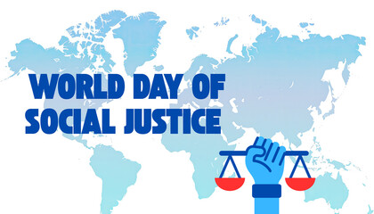 World Day of Social Justice, February 20. A balanced scale held by a human hand, symbolizing fairness and equality, against a world map background. Ideal for awareness campaigns and posters.
