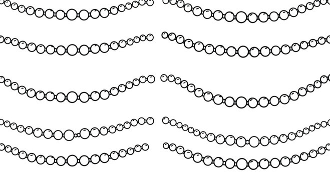 Elegant and simple black and white illustration of draped pearl necklaces or bead garlands arranged in graceful, wavy horizontal lines.